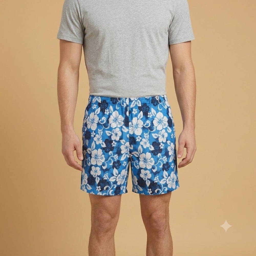 Weekender Swim Trunks Mens Blue White Floral Hibiscus Mesh Lined Made in USA